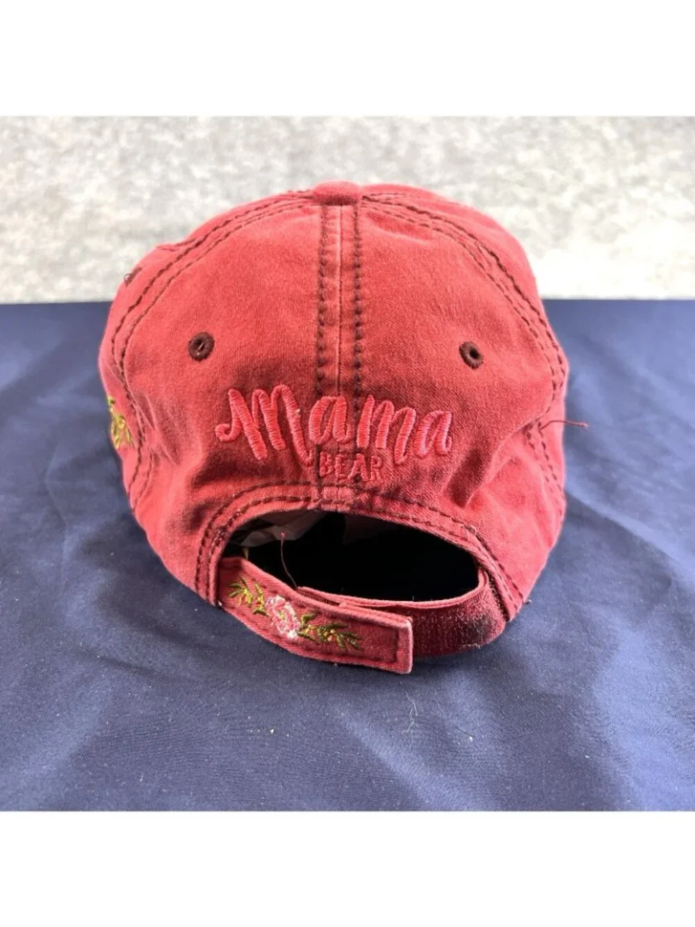 Mama Bear Embroidered 4350 District Cap Hat With Hook Loop Back Red Distressed